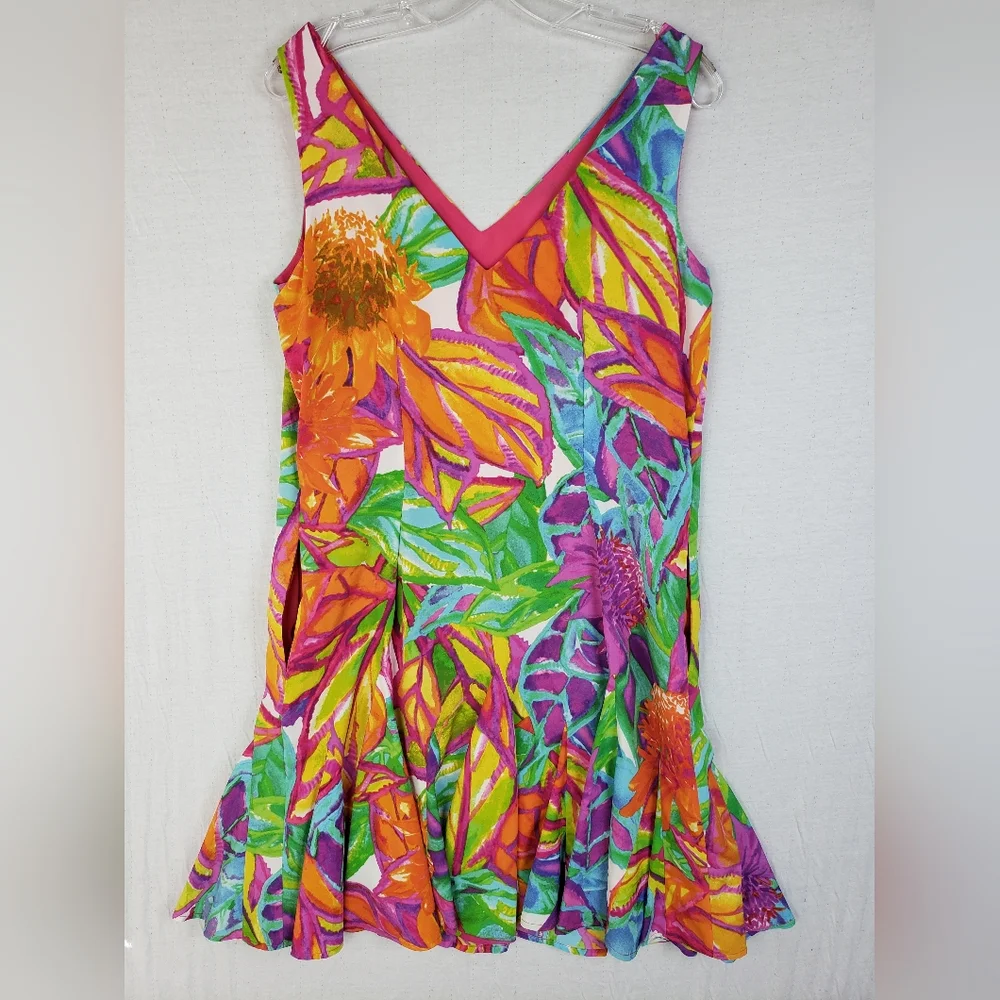 Ralph Lauren Godet Pleated Dress Colorful Floral Print Art-to-Wear size 8 Y2K
